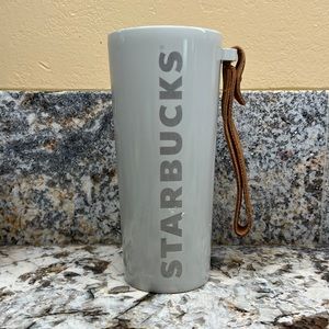 Starbucks 16 oz Metal Tumblr with leather handle. White Tumblr Starbucks-no lid
